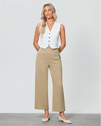 GRAPENT Cropped Pants for Women Trendy Business Casual High Waisted Pull On Wide Leg Stretchy Dress Pants with Pockets