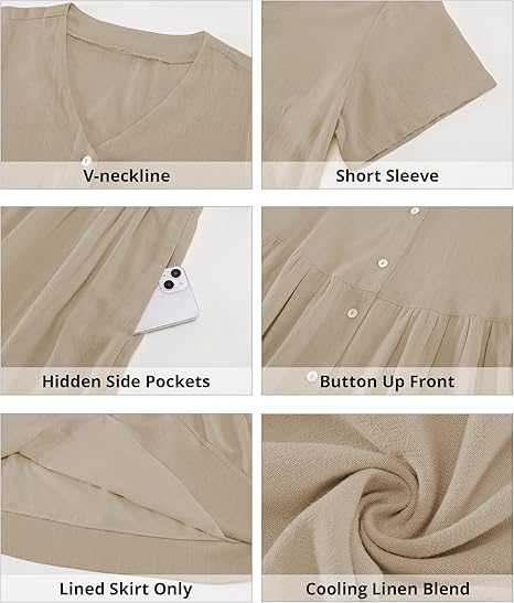 GRAPENT Linen Dresses for Women Casual Summer Babydoll Button Down Short Sleeve V Neck Above Knee Dress with Pockets