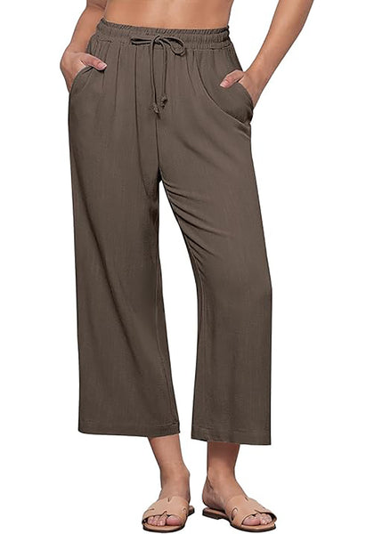 GRAPENT Linen Pants for Women High Waisted Wide Leg Capri Elastic Waist Casual Beach Flowy Cropped Summer Capris Pants