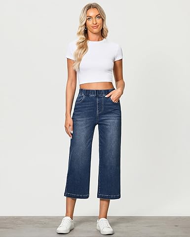GRAPENT Capri Jeans for Women Wide Leg High Waisted Effortless Flow Pull On Stretchy Denim Elastic Waist Pants with Pockets