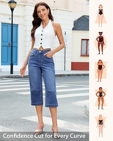 GRAPENT Capri Jeans for Women Mid Rise Straight Leg Casual Relaxed Fit Summer Cropped Stretchy Denim Capris Pants