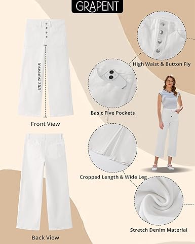 GRAPENT Wide Leg Jeans for Women Cropped Trendy High Waisted Button Fly Loose Straight Leg Stretchy Denim Trouser Jeans