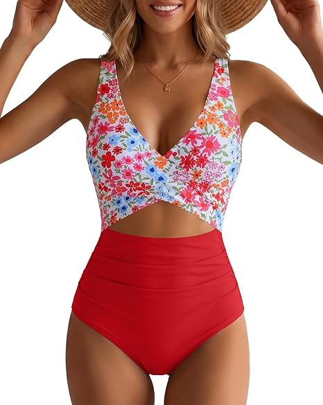 GPAPENT StrapCore One Piece Swimsuit Women V Neck Cross Front Cut Out Printed Color Block Ruched High Waisted Bathing Suits Swimwear