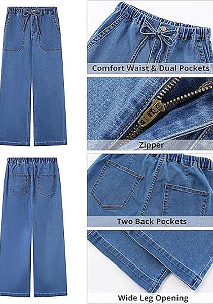GRAPENT Wide Leg Jeans for Women Trendy High Waisted Drawstring Tie Elastic Waist Stretchy Denim Pants Trouser Jeans