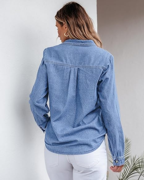 Grapent Women's Supima Cotton Wrinkle-free Relaxed Fit  Button Shirt Workwear-inspired Denim Shirt