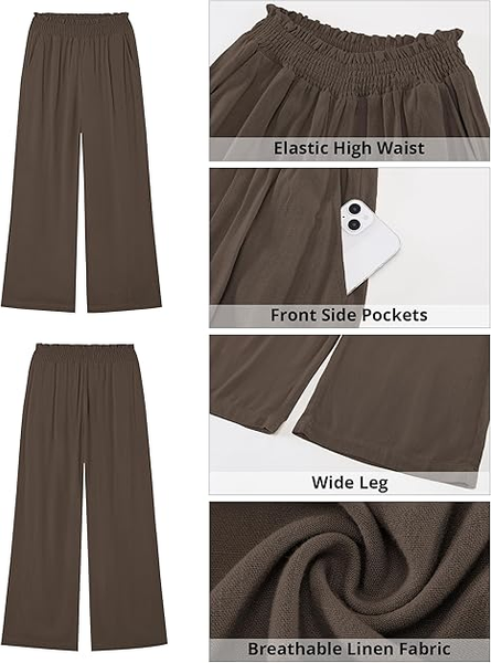 GRAPENT Linen Pants for Women Wide Leg High Waisted Paper Bag Smocked Waist Casual Summer Beach Vacation Palazzo Pants