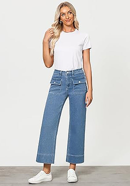 GRAPENT Wide Leg Jeans for Women Trendy High Waisted Straight Leg Cropped Stretchy Denim Pants with Retro Patch Pockets