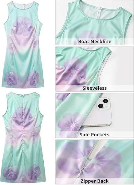 GRAPENT Satin Dress for Women Summer Casual Sleeveless Tank Zip Printed 2026 Cocktail Short Mini Dresses with Pockets
