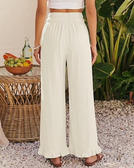 GRAPENT Linen Pants Women Wide Leg Ruffle Hem Pull On High Waisted Elastic Waist Cropped Ankle Casual Beach Summer Pants