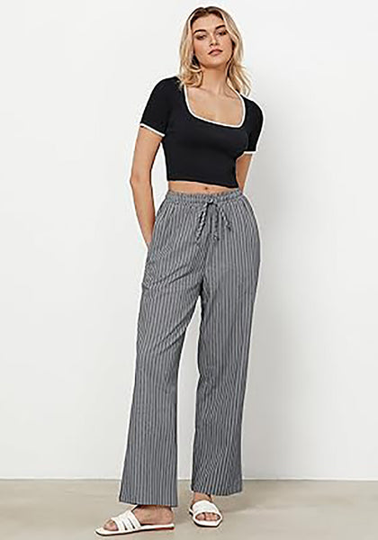 GRAPENT Striped Pants for Women High Waisted Wide Leg Cotton Linen Trendy Beach Pull on Elastic Waist Casual Flowy Pants