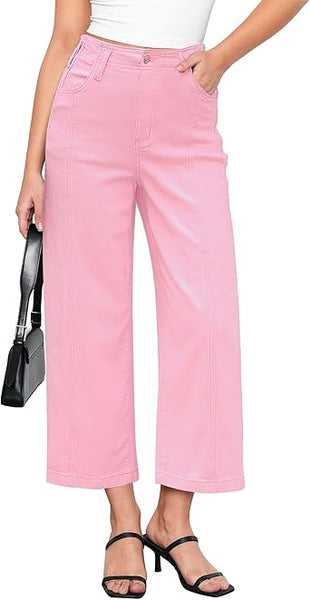 GRAPENT Wide Leg Jeans Woman Trendy Cropped High Waisted Front Seam Casual Stretchy Denim Trouser Jeans with Pockets