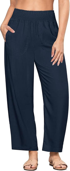 GRAPENT Linen Pants Women Wide Leg High Waisted Cropped Barrel Pull On Smocked Elastic Waist Summer Pants with Pockets
