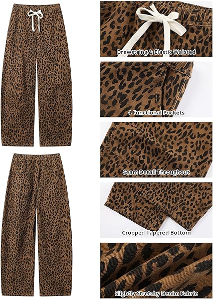GRAPENT Barrel Jeans for Women Trendy High Waisted Pull On Wide Leg Cropped Leopard Cheetah Print Stretchy Denim Pants