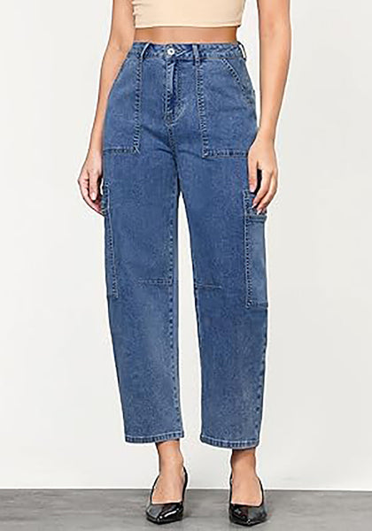 GRAPENT Barrel Jeans for Women Trendy High Waisted Cropped Cargo Pocket Baggy Stretch Denim Pants Wide Leg Tapered Jeans