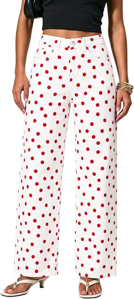 GRAPENT Wide Leg Jeans for Women High Waisted Polka Dot Stretch Denim Pants | Polka Dot, 90s Baggy Straight, High Rise, 29.5 Inch Inseam, Stretchy Jean Pants, Classic 5 Pockets, Business Casual Outfits