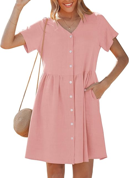 GRAPENT Linen Dresses for Women Casual Summer Babydoll Button Down Short Sleeve V Neck Above Knee Dress with Pockets