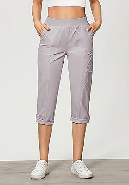 GRAPENT Capri Cargo Pants for Women High Waisted Pull On Elastic Waist Stretch Twill Fold Hem Capris Pants with Pockets