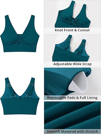 GRAPENT StrapCore Bikini Tops for Women Cropped Tankini Tops Beach Ruched Knot Cut Out Padded Adjustable Swimwear Swim Top Only