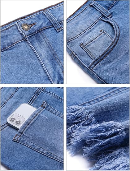 GRAPENT Women's Mid-Waist Ripped Denim Skirt Casual Fringed Hem Mini Skirt with Pockets
