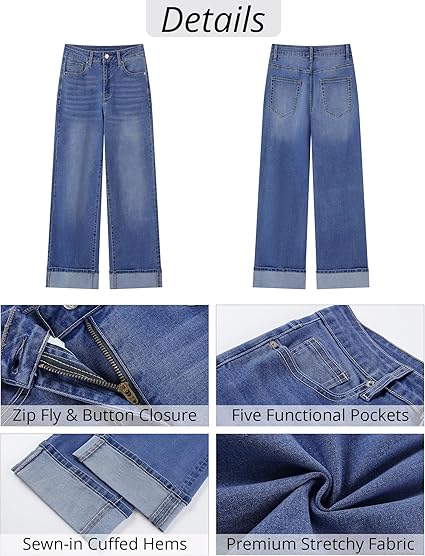 GRAPENT Wide Leg Jeans for Women Trendy High Waisted Cuffed Hem Stretchy Denim Trousers Pants Work Casual Jeans