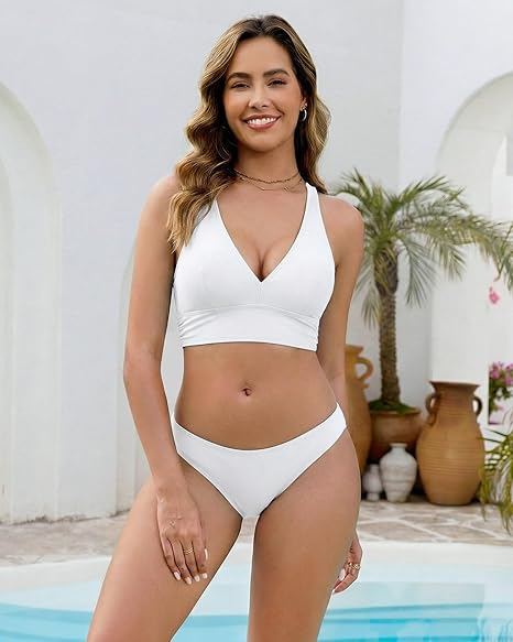 GRAPENT Bikini Top for Women V Neck Ruched Criss Cross Padded Beach Vacation Bathing Suit Modest Cute Swim Suit Top Only