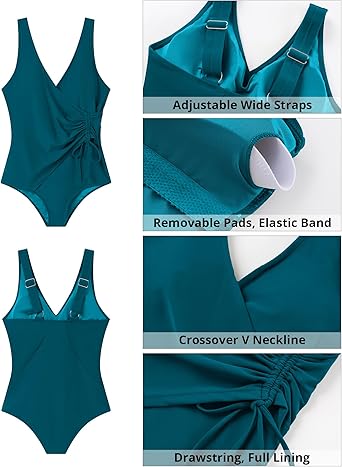 GRAPENT StrapCore One Piece Swimsuit Women V Neck Side Ruched Padded Cute Modest Bathing Suits Swimsuits Beach Vacation Swimwear
