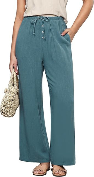 GRAPENT Linen Wide Leg Pants Woman High Waisted Pull On Button Drawstring Baggy Casual Summer Palazzo Pants with Pockets