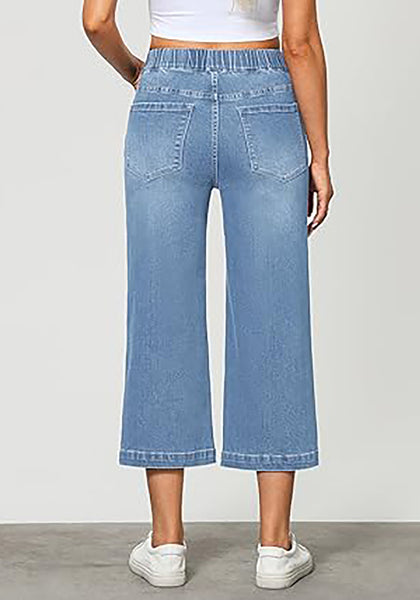 GRAPENT Capri Jeans for Women Wide Leg High Waisted Effortless Flow Pull On Stretchy Denim Elastic Waist Pants with Pockets