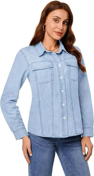 GRAPENT Women's Shirt Rugged Button Down Loose Durable Classic Fitted Denim Blouse Top