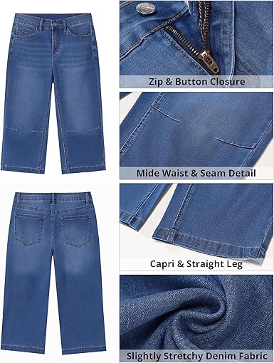 GRAPENT Capri Jeans for Women Mid Rise Straight Leg Casual Relaxed Fit Summer Cropped Stretchy Denim Capris Pants