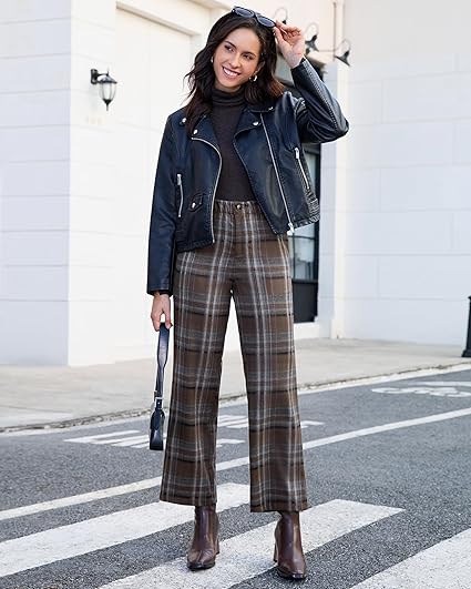 GRAPENT Plaid Pants for Women Wide Leg High Waisted Tartan Work Business Casual Elastic Waist Trousers Pants with Pocket