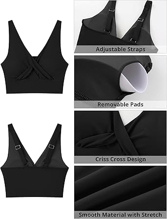 GRAPENT StrapCore Bikini Top for Women Cropped Tankini Tops Beach Vacation Criss Cross Ruched Padded Bathing Suit Swim Top Only