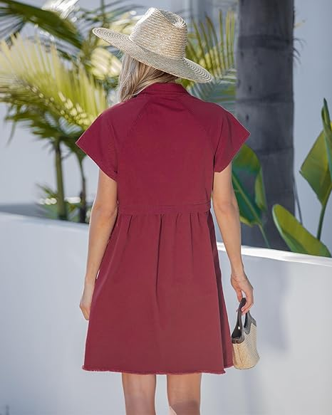 GRAPENT Denim Dresses for Women Short Sleeve Babydoll Pleated Raw Hem Distressed Casual Western Jean Dress with Pockets