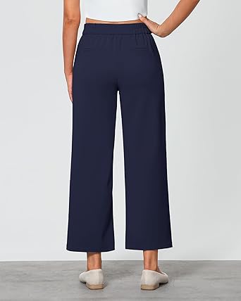 GRAPENT Cropped Pants for Women Trendy Business Casual High Waisted Pull On Wide Leg Stretchy Dress Pants with Pockets
