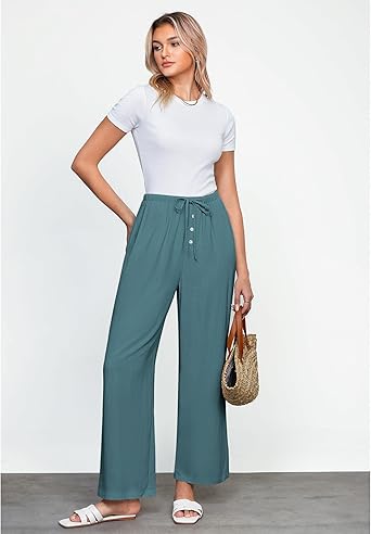 GRAPENT Linen Wide Leg Pants Woman High Waisted Pull On Button Drawstring Baggy Casual Summer Palazzo Pants with Pockets