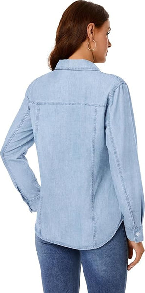 GRAPENT Women's Shirt Rugged Button Down Loose Durable Classic Fitted Denim Blouse Top