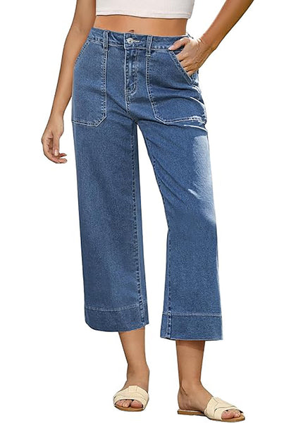 GRAPENT Capri Jeans for Women High Waisted Wide Leg Trendy Strechy Loose Straight Cropped Denim Jeans Pants with Pockets