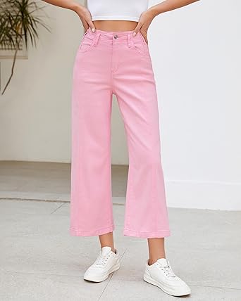 GRAPENT Wide Leg Jeans Woman Trendy Cropped High Waisted Front Seam Casual Stretchy Denim Trouser Jeans with Pockets