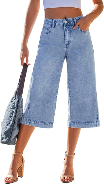 GRAPENT Capri Jeans for Women Wide Leg Trendy High Waisted Side Seam Stretchy Denim Capris Pants Summer Casual Jeans