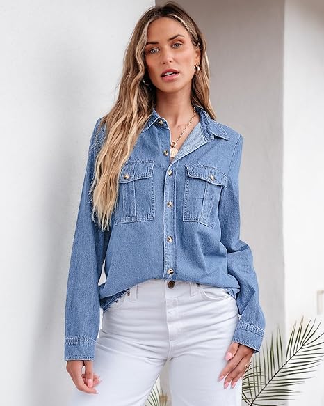 Grapent Women's Supima Cotton Wrinkle-free Relaxed Fit  Button Shirt Workwear-inspired Denim Shirt