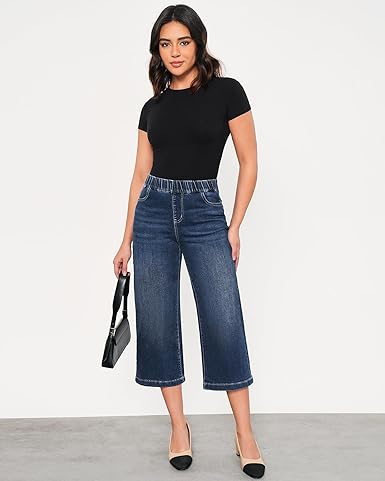 GRAPENT Capri Jeans for Women Wide Leg High Waisted Effortless Flow Pull On Stretchy Denim Elastic Waist Pants with Pockets