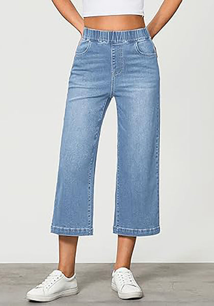 GRAPENT Capri Jeans for Women Wide Leg High Waisted Effortless Flow Pull On Stretchy Denim Elastic Waist Pants with Pockets