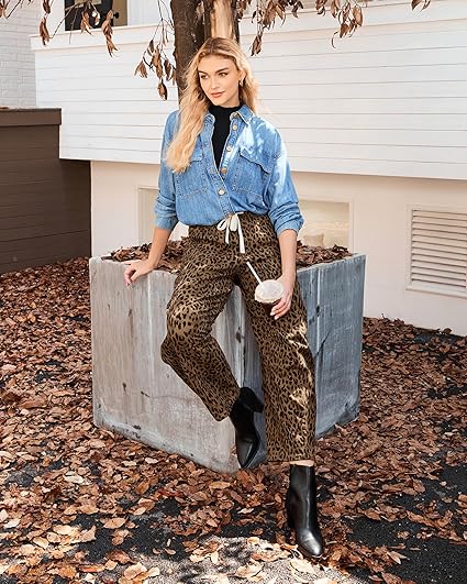 GRAPENT Barrel Jeans for Women Trendy High Waisted Pull On Wide Leg Cropped Leopard Cheetah Print Stretchy Denim Pants