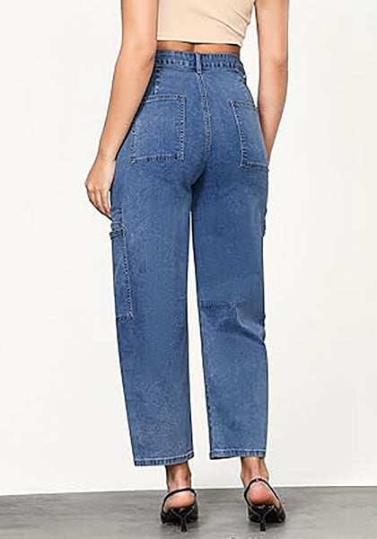 GRAPENT Barrel Jeans for Women Trendy High Waisted Cropped Cargo Pocket Baggy Stretch Denim Pants Wide Leg Tapered Jeans