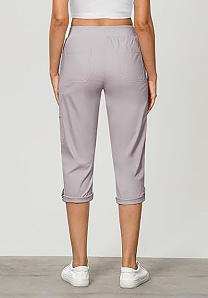GRAPENT Capri Cargo Pants for Women High Waisted Pull On Elastic Waist Stretch Twill Fold Hem Capris Pants with Pockets