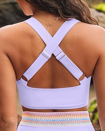 GRAPENT Bikini Tops for Women Twist Front Ruched Bathing Suit Adjustable Crisscross Back Cropped Tankini Swim Top Only