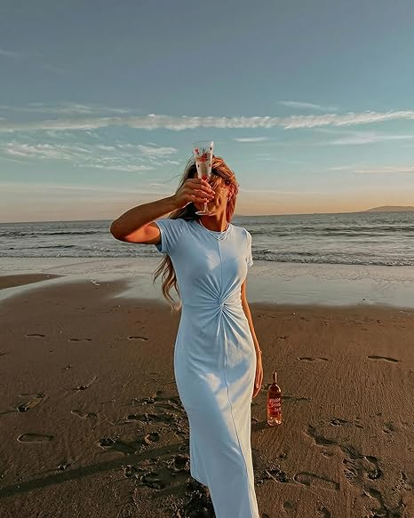 GRAPENT Long Dresses for Women Summer Casual Side Slit Twist Front 2026 Beach Vacation Short Sleeve Comfy Tshirt Dress