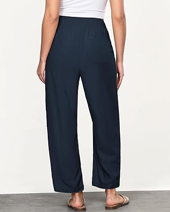 GRAPENT Linen Pants Women Wide Leg High Waisted Cropped Barrel Pull On Smocked Elastic Waist Summer Pants with Pockets