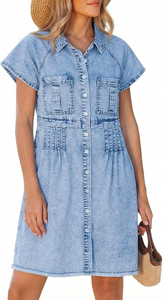 GRAPENT Denim Dresses for Women Short Sleeve Babydoll Pleated Raw Hem Distressed Casual Western Jean Dress with Pockets