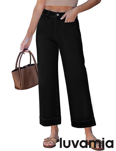 GRAPENT Wide Leg Jeans for Women Cropped High Waisted Trendy Patch Pocket Baggy Loose Straight Leg Stretchy Denim Pants